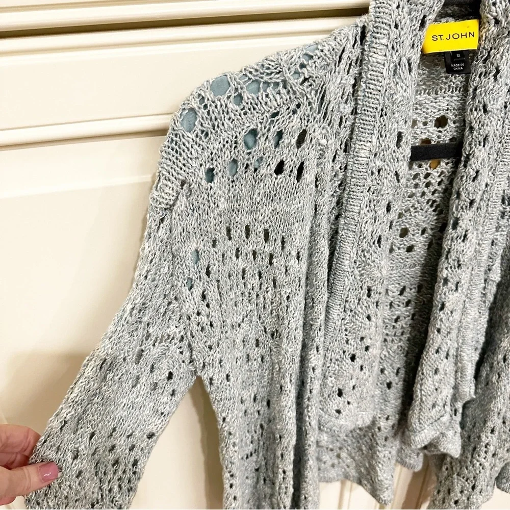 St John Designer Luxury Women’s Pale Blue Open Crochet Knit Waterfall Cardigan M